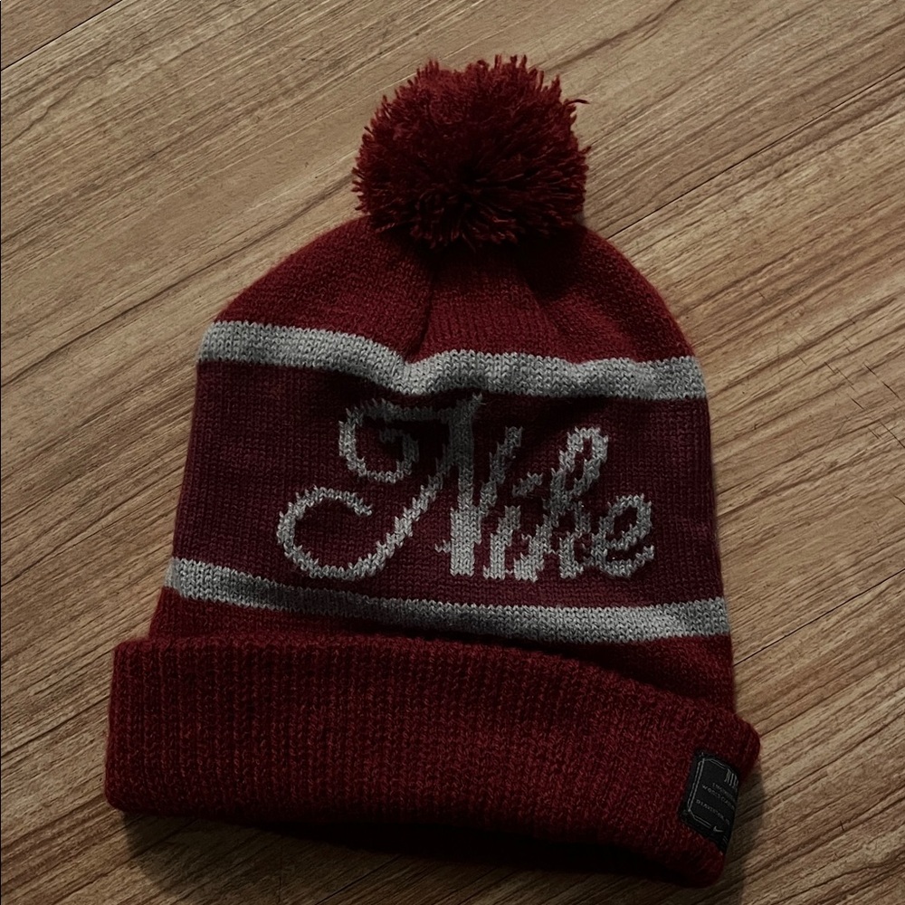 Nike Men’s Burgundy and Gray Beanie with Pom-Pom